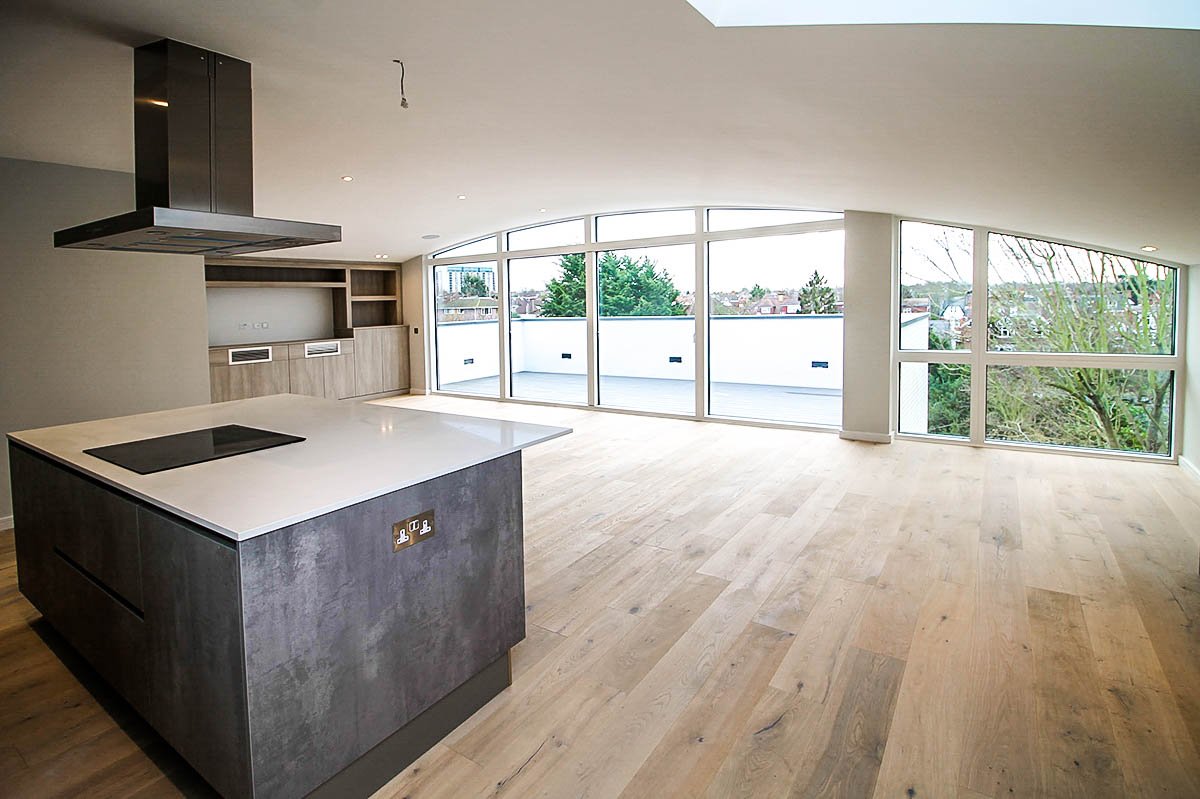 kitchen curved glass and ceiling Construction 55 Woodside Park Road